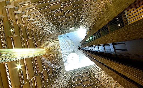 Looking up from the lobby area at the Atlanta Hyatt hotel.